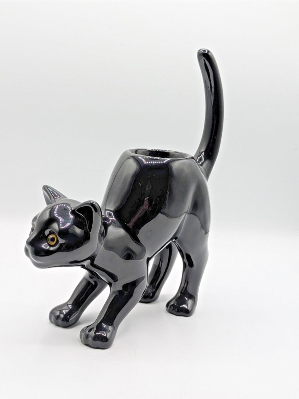 PartyLite Black Cat Halloween Tea Light Candle Holder Yellow Eyes Ceramic 8"